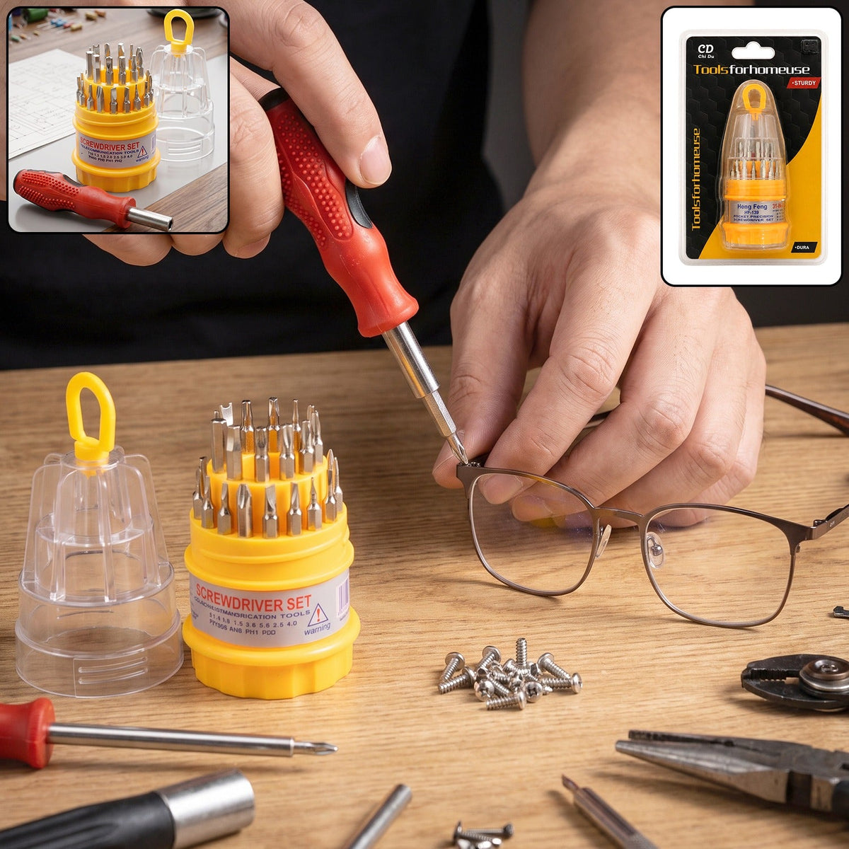 A person uses a red and black screwdriver to tighten a screw on a pair of glasses, with the screwdriver set and other tools.