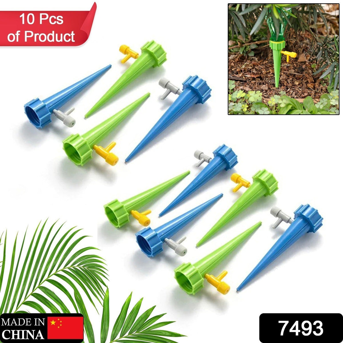 Ten watering spikes, five blue and five green, with a small inset image of a green spike in a garden bed.