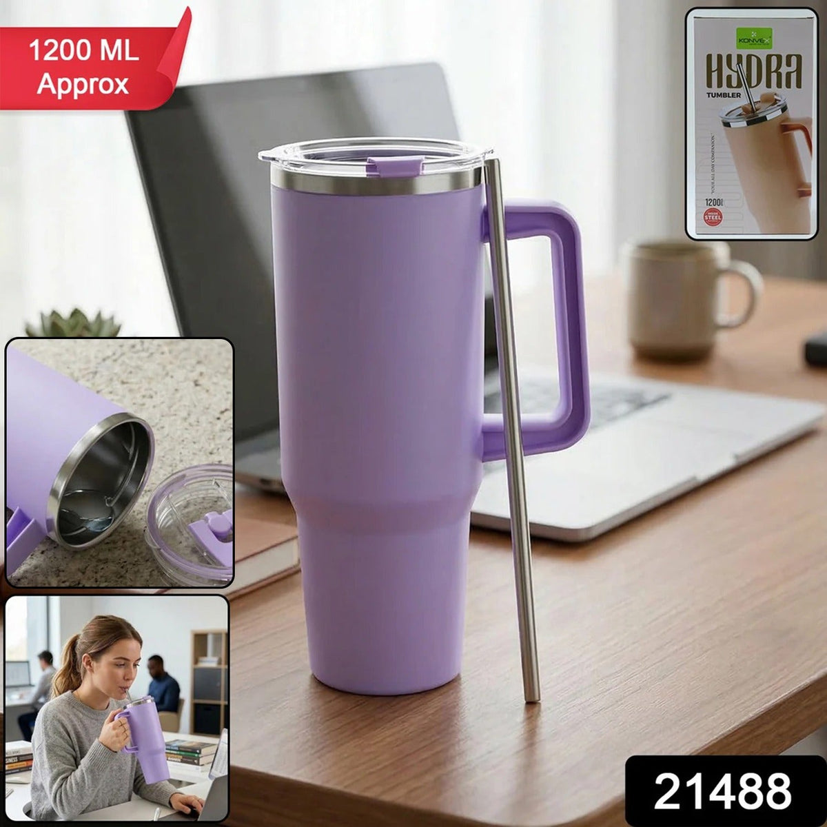 A purple insulated tumbler with a handle and straw on a wooden desk, with a '1200 ML Approx' label.