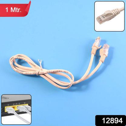 A coiled white ethernet cable with two connectors is shown on a blue background, with insets of the connector and router.