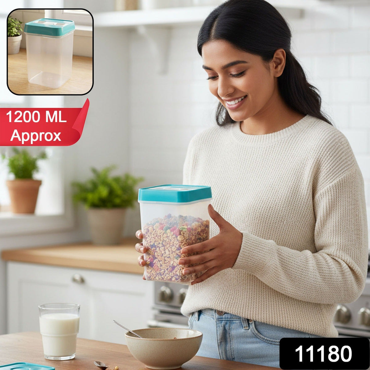 A woman in a cream sweater holds a clear plastic container filled with granola in a kitchen, with product details.