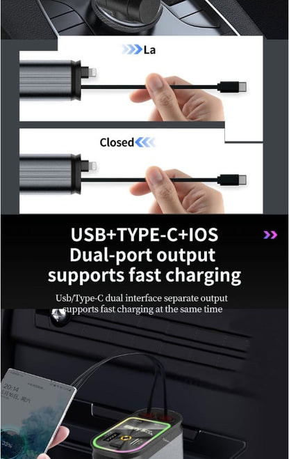 4 in 1 Super Fast  120W  Car Phone Charger | 180° Adjustable Type C & iPhone Car Adapter |Retractable Cable and 2 USB Ports