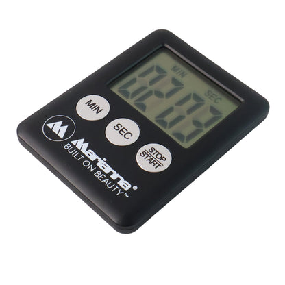 A black rectangular digital timer with three white buttons and a clear screen displaying 02:03, on a white background.
