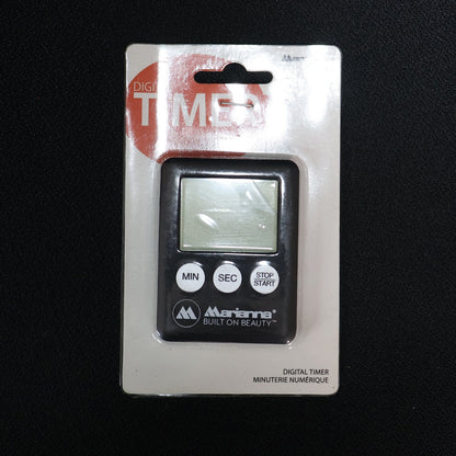 A black digital timer with a blank screen and three white buttons, sealed in clear retail packaging on a dark background.
