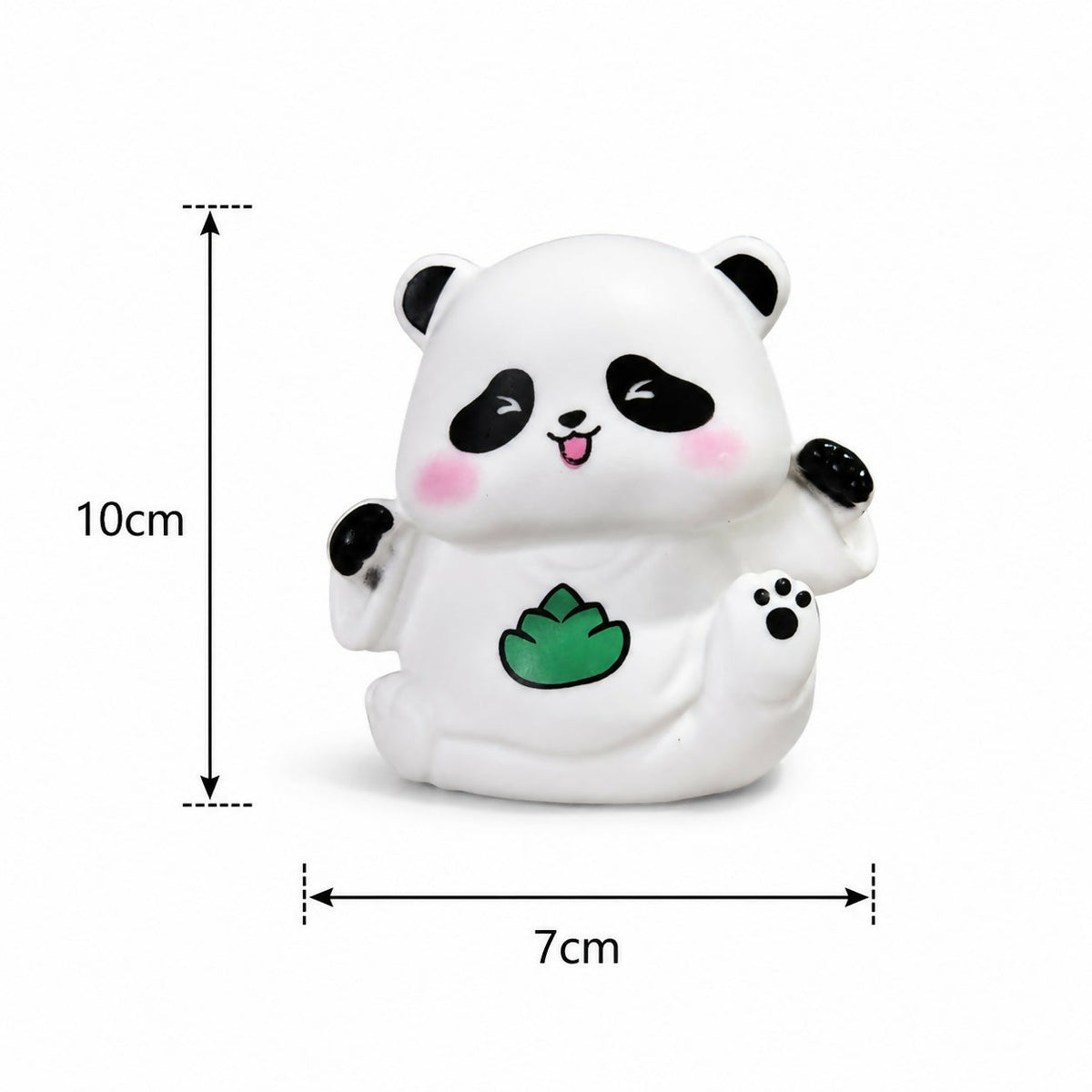A white panda night light with black features and a green leaf design, displaying its dimensions of 10cm height and 7cm