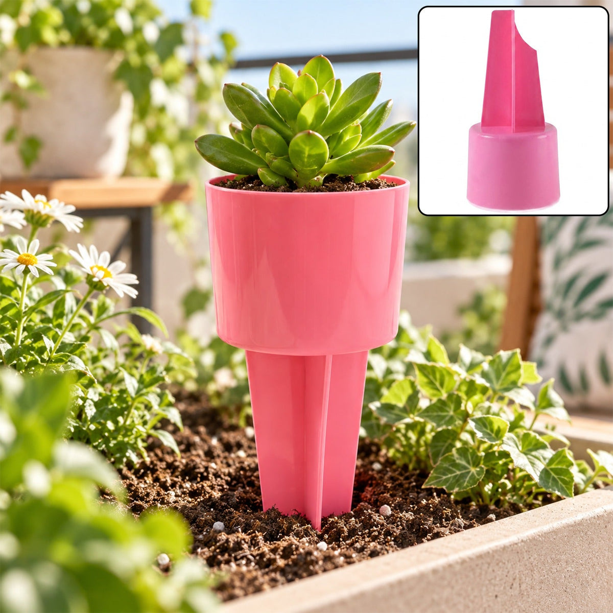 A pink plastic cup holder with a succulent plant in it, staked into garden soil with green plants around.