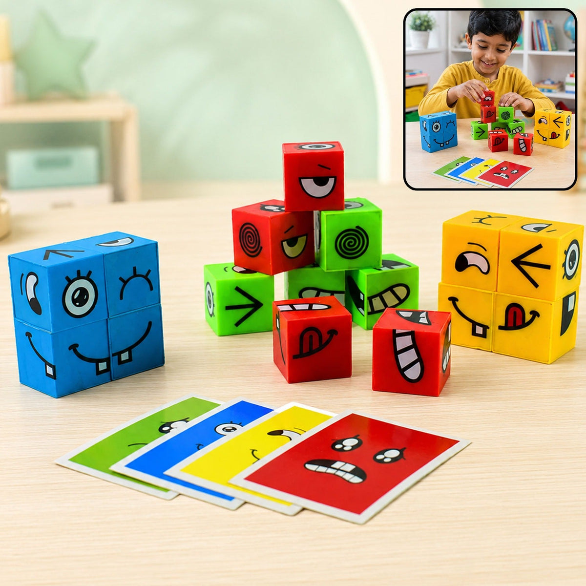 A collection of colorful emotion cubes and matching cards are arranged on a light wooden surface, with a child playing in