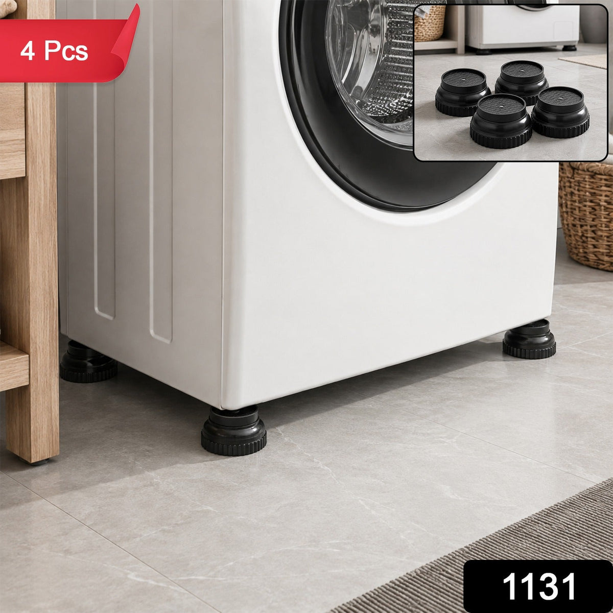 A white washing machine stands on four black support legs on a tiled floor, with a red "4 Pcs" label and an inset showing