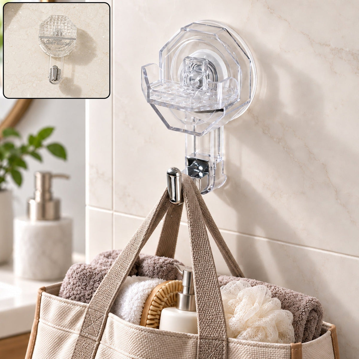 A clear octagonal self-adhesive wall hook with a silver hook, holding a beige tote bag filled with towels and toiletries, on