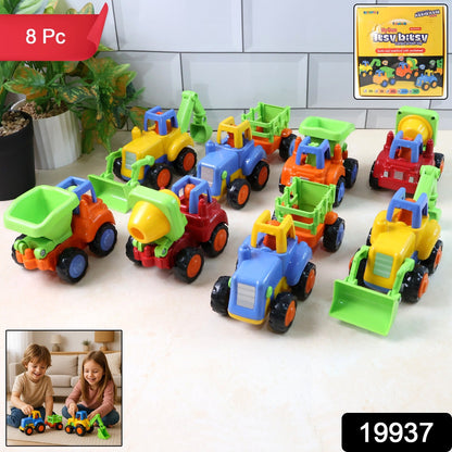 Eight colorful plastic construction vehicle toys displayed on a white surface, with packaging in the top right corner.