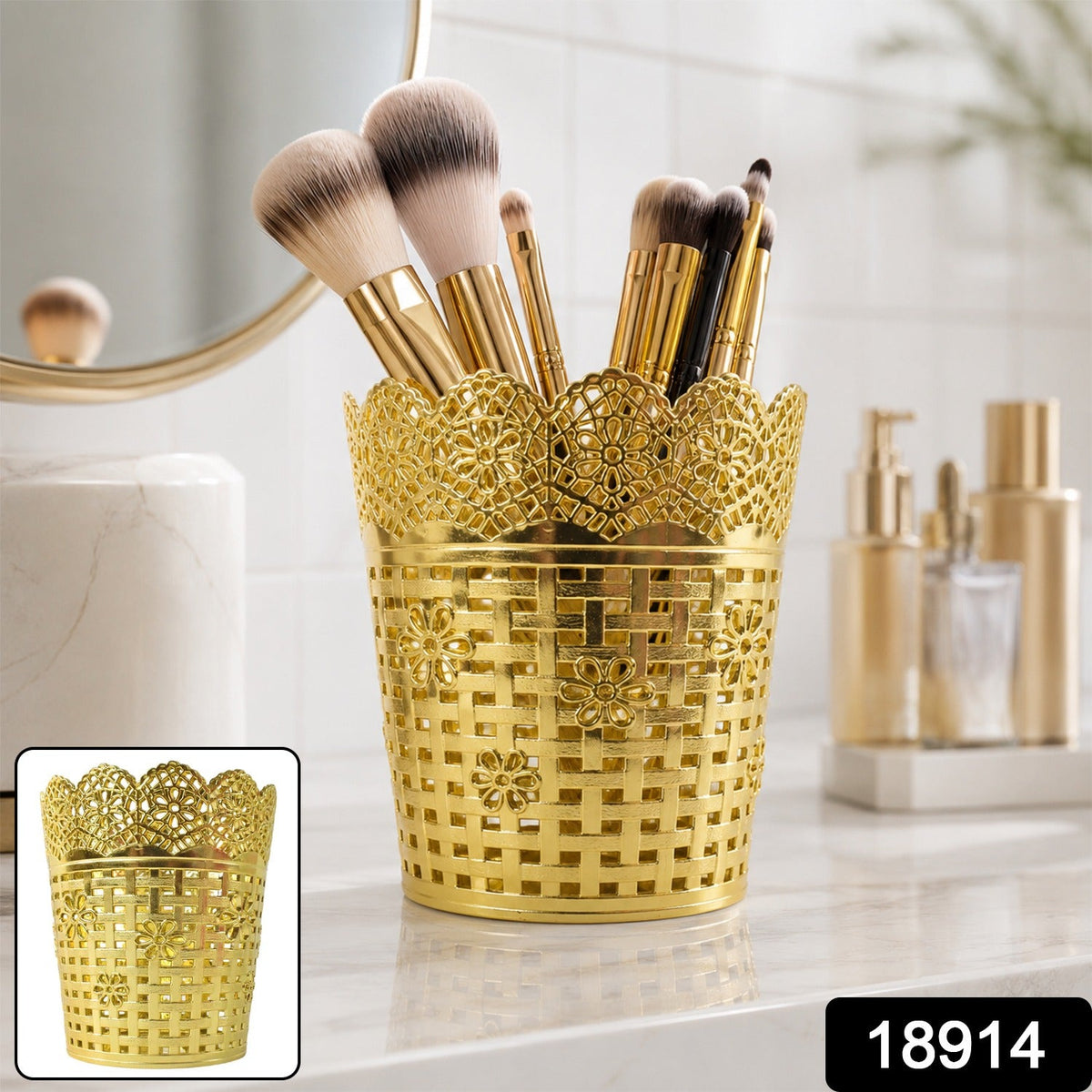 A gold ornate plastic desk organizer filled with various pens and pencils on a dark desk.
