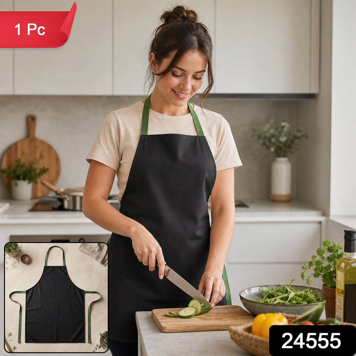 A woman in a black apron with green ties slices a cucumber in a modern kitchen, with a '1 Pc' label.