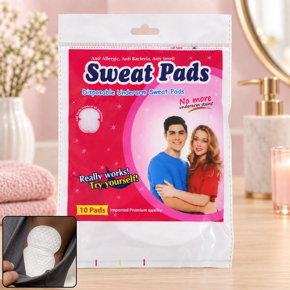 A package of "Sweat Pads" with a couple on the front, and an inset of a pad in an armpit.
