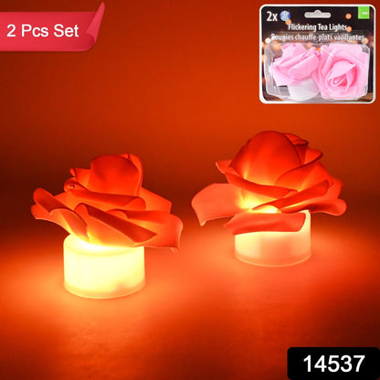 Two glowing orange LED rose tea lights with a product label for "Flickering Tea Lights" in the top right corner.