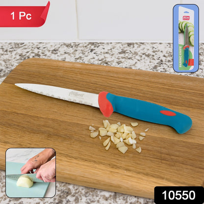 A blue and red paring knife lies on a wooden board next to chopped garlic, with a small inset image of a person dicing an