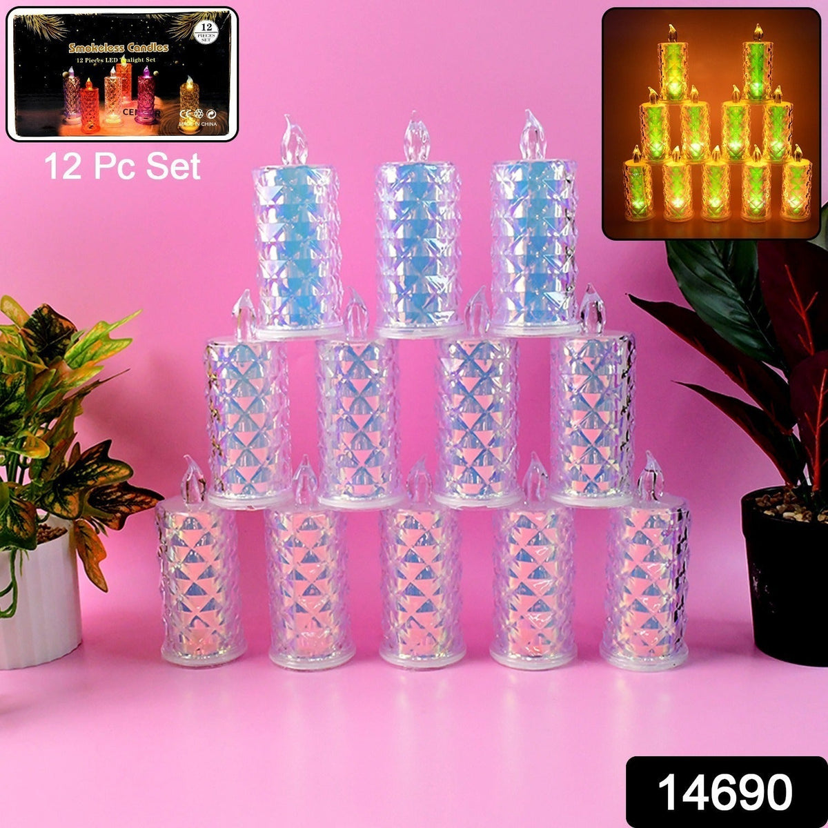 A pink background displays a set of twelve iridescent LED candles arranged in a pyramid, with product details in the top