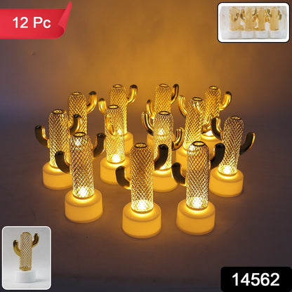 Twelve glowing cactus-shaped LED lights on a dark surface, with a small inset showing the packaging for four lights.