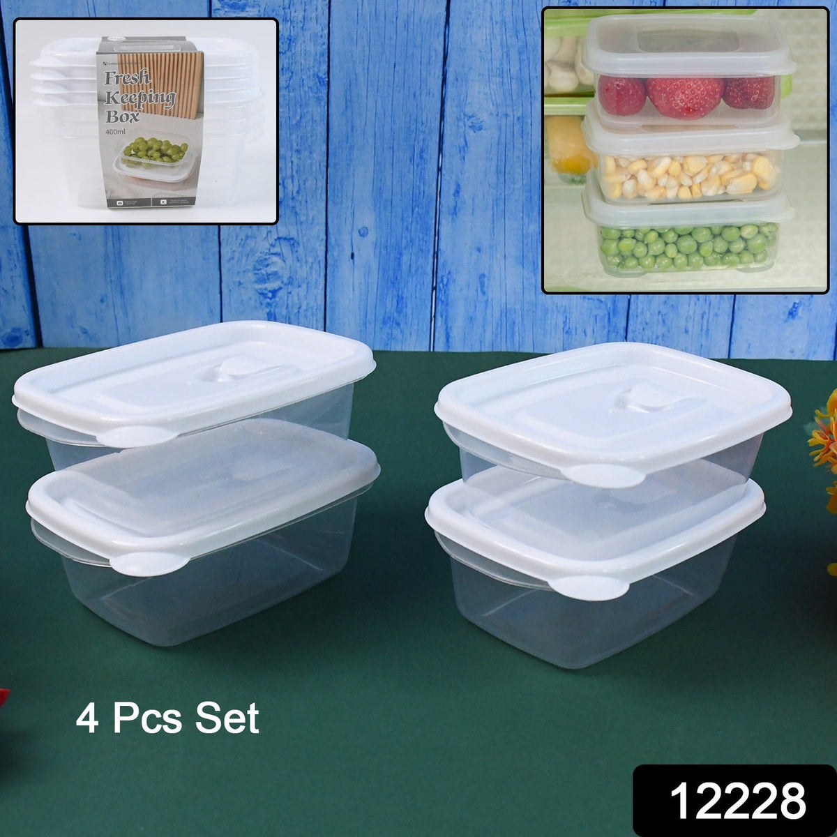 Four clear plastic food containers with white lids arranged on a dark green surface, with inset images of stacked containers.