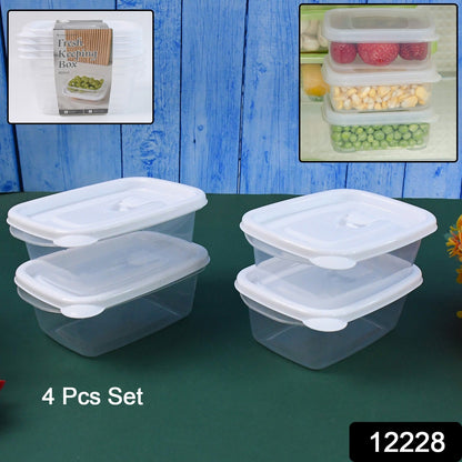 Four clear plastic food containers with white lids arranged on a dark green surface, with inset images of stacked containers.
