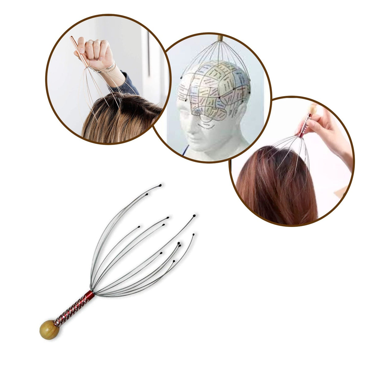 Three circular insets show the scalp massager in use on a person and on a head model, with the massager below.