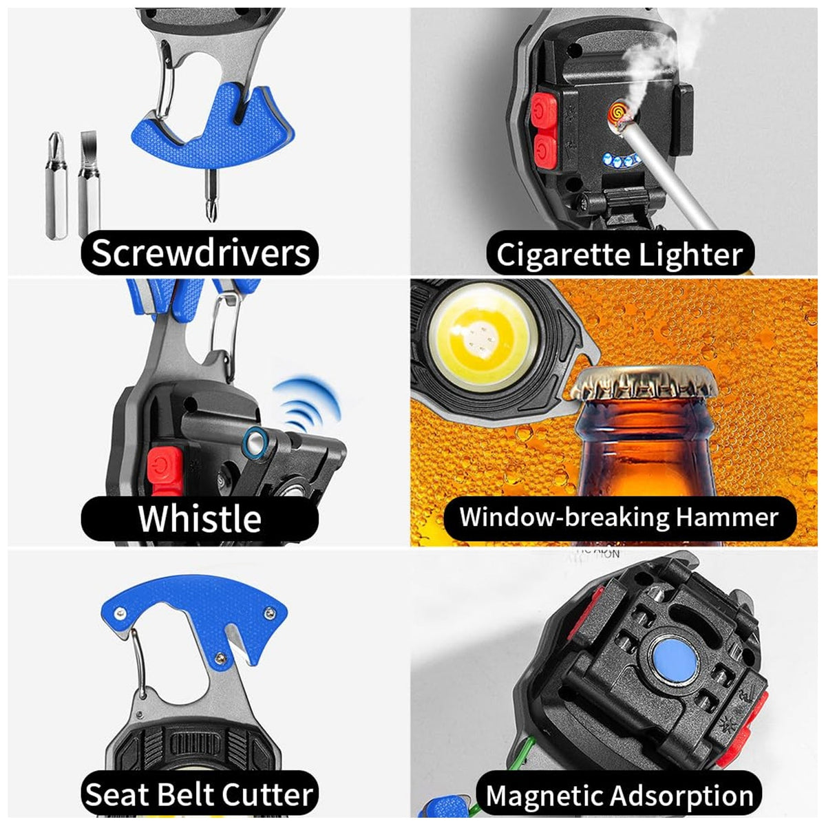 A collage of six images shows the keychain light's features: screwdrivers, cigarette lighter, whistle, window-breaking