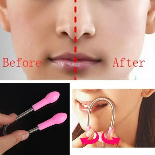 A split image showing a 'Before' and 'After' comparison of a person's face, with a close-up of the pink and silver tool.