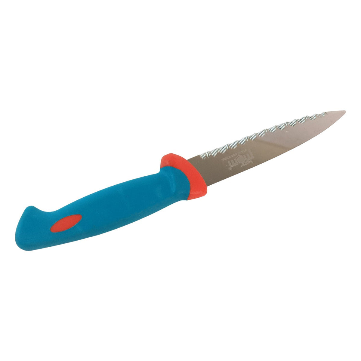 A stainless steel paring knife with a blue handle, red bolster, and serrated edge is shown on a white background.