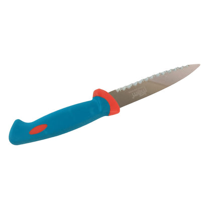 A stainless steel paring knife with a blue handle, red bolster, and serrated edge is shown on a white background.