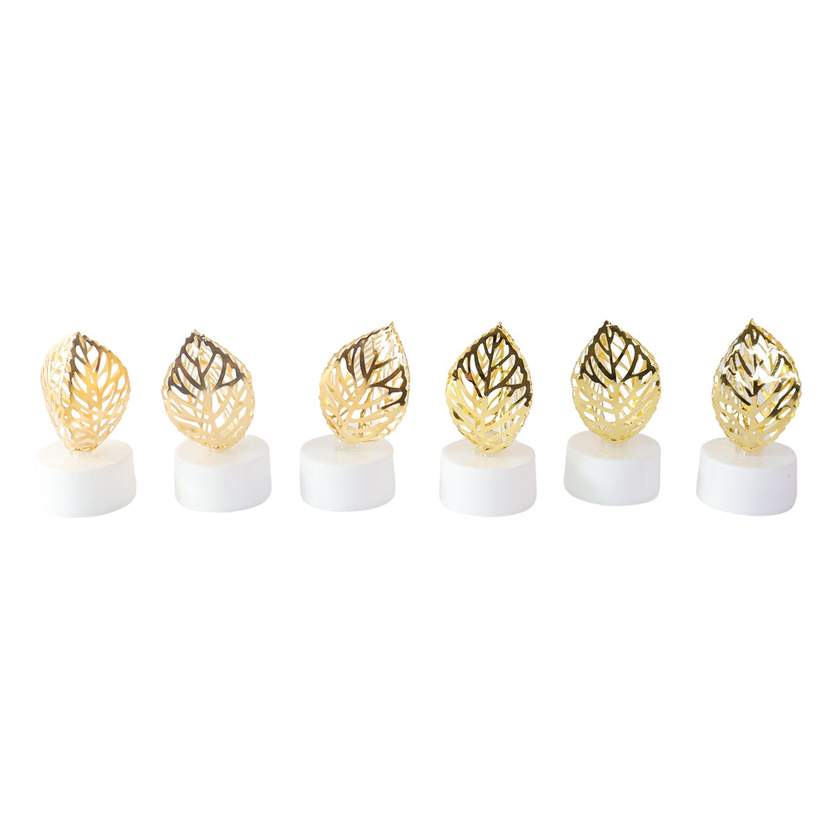 Six golden leaf LED candles with white bases arranged in a row on a plain white background.