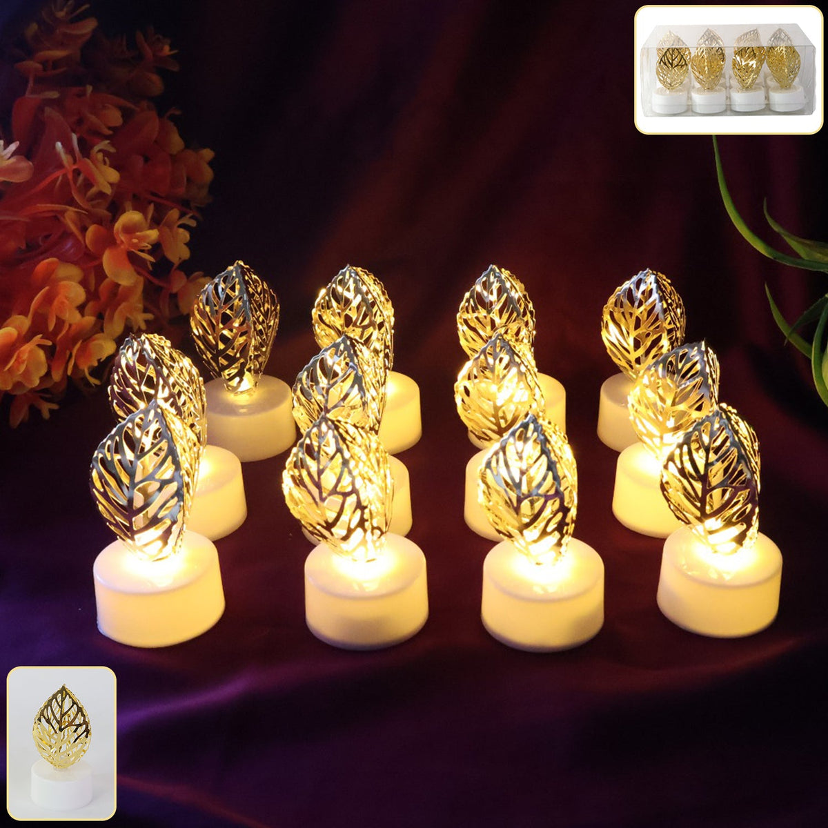 Twelve golden leaf LED candles on a dark purple fabric, with a product label and packaging in the top right.
