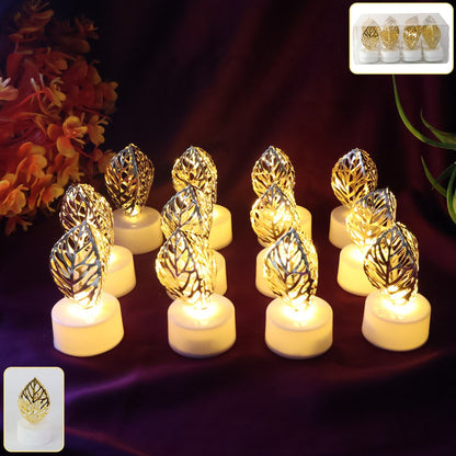Twelve golden leaf LED candles on a dark purple fabric, with a product label and packaging in the top right.