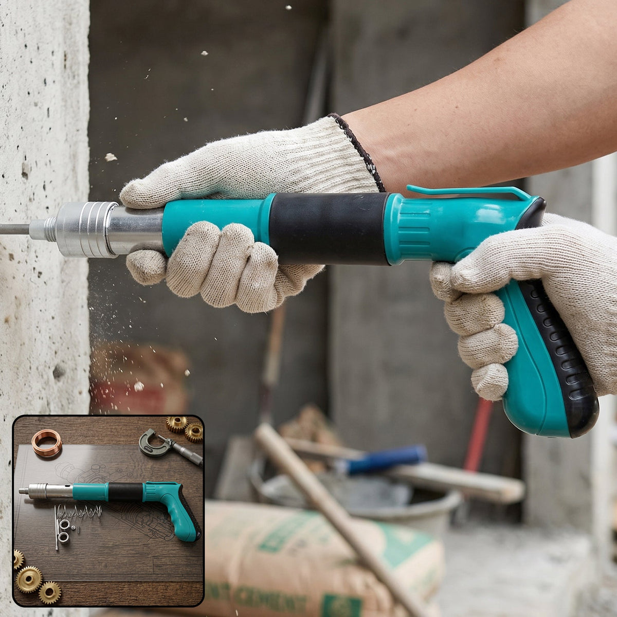 A person wearing white gloves uses a teal and black manual nail gun on a concrete wall, with an inset showing the tool and