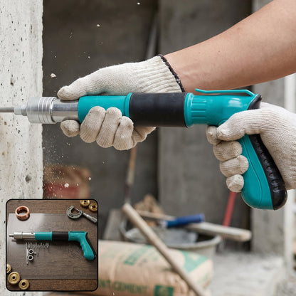 A person wearing white gloves uses a teal and black manual nail gun on a concrete wall, with an inset showing the tool and