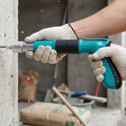 A person wearing white gloves uses a teal and black manual nail gun on a concrete wall, with an inset showing the – view 3
