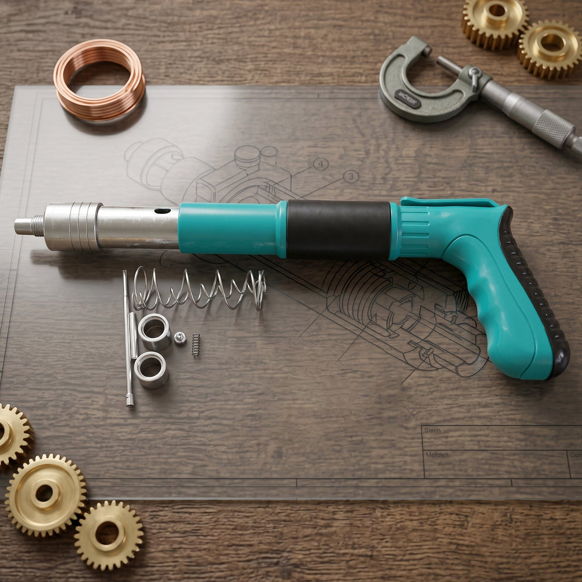 A teal and black manual nail gun is disassembled on a wooden surface with a blueprint overlay, surrounded by gears and