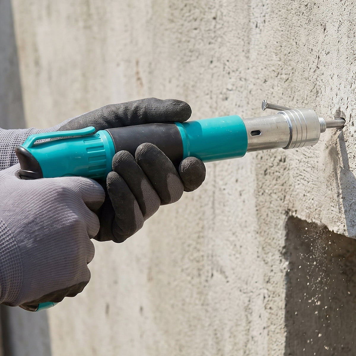 A person wearing gray gloves operates a teal and black manual nail gun, driving a nail into a concrete wall.