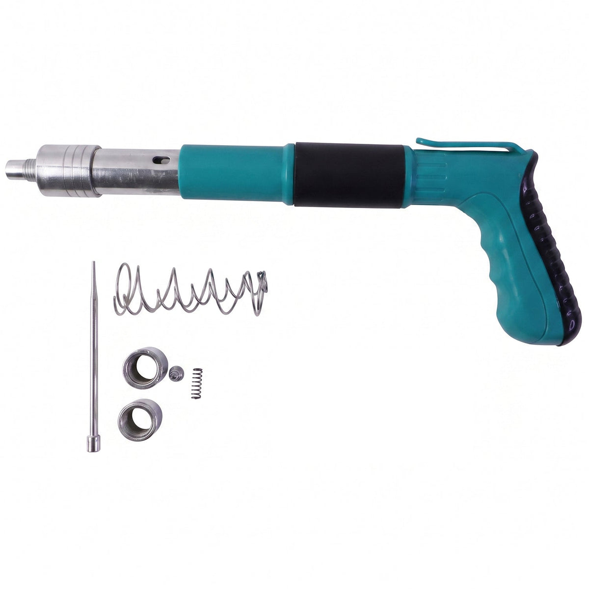 A teal and black manual nail gun is shown with its internal components, including springs and pins, on a white background.