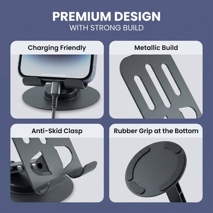 A collage of four close-up images highlighting features of the black metal mobile stand, including charging friendly and