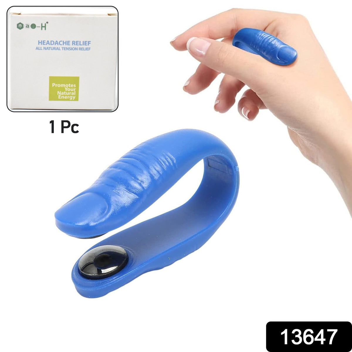A blue acupressure hand clip with a black magnet is shown next to a white box labeled "Headache Relief".