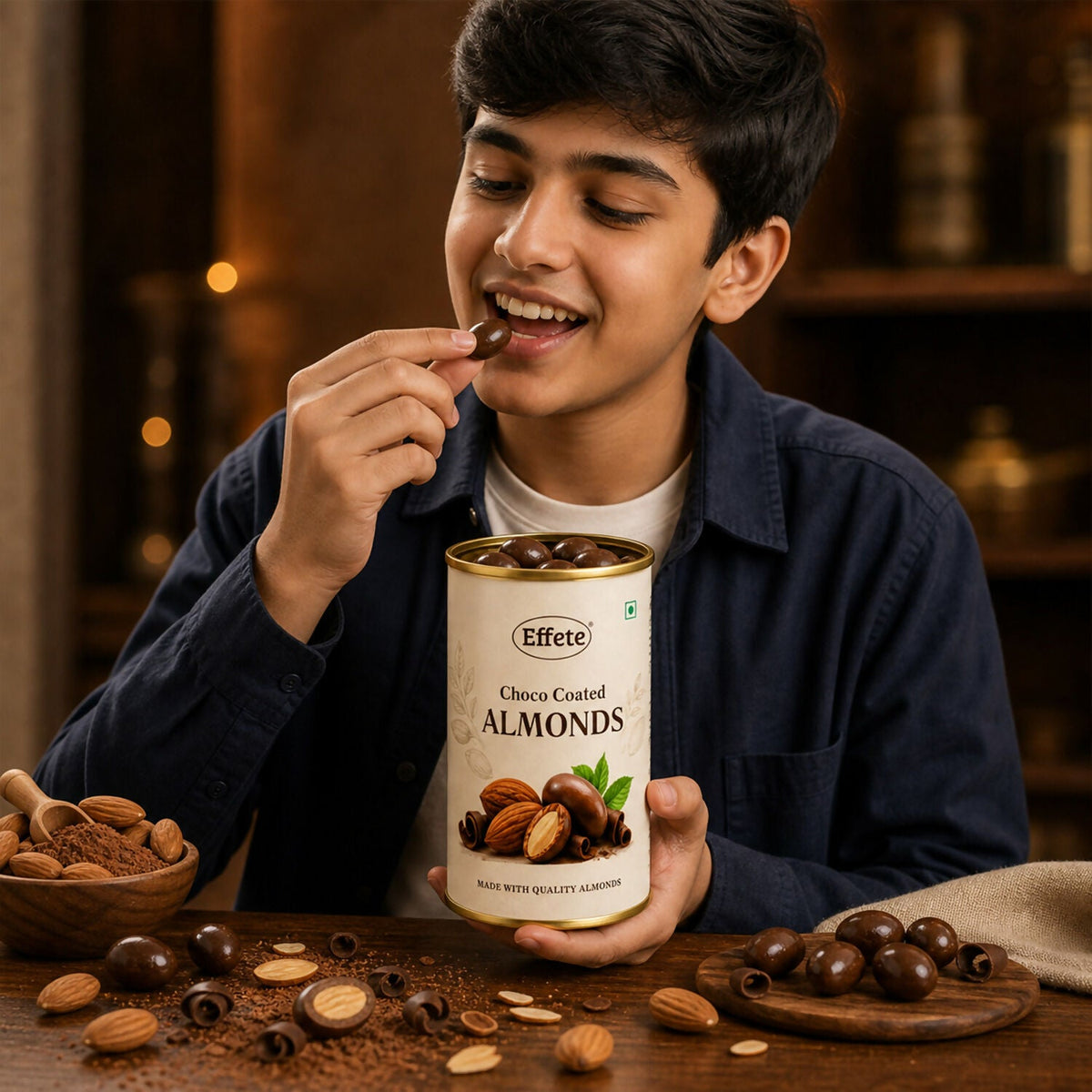 A young boy smiling and eating a chocolate-covered almond, holding a tin of Effete Choco Coated Almonds.