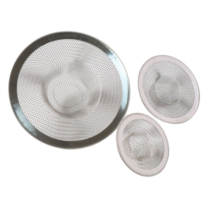 Three stainless steel mesh sink strainers of different sizes on a plain white background.