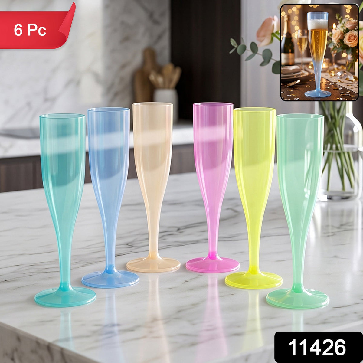 Six colorful plastic champagne flutes on a marble countertop with a '6 Pc' label and '11426' code.