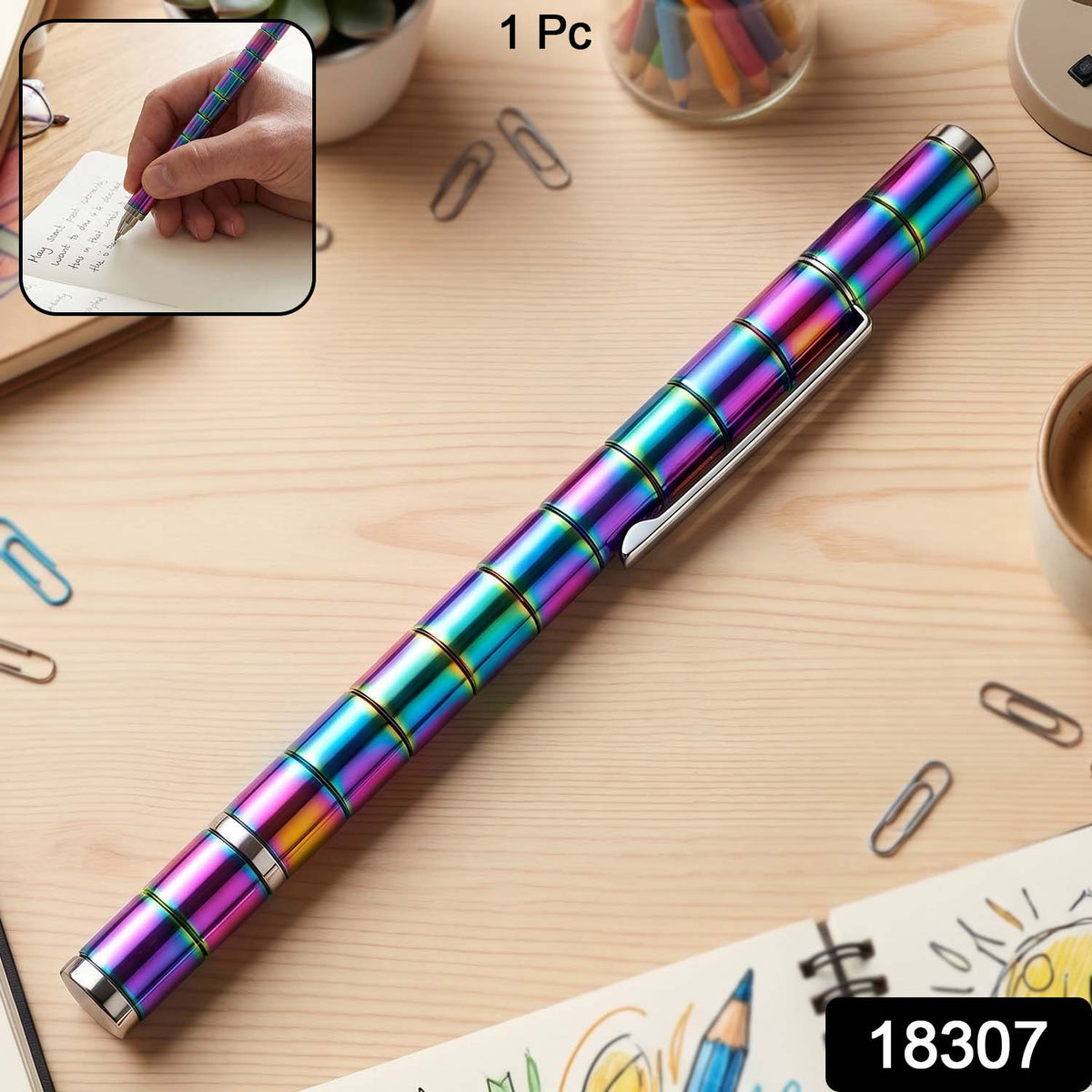 A rainbow-colored magnetic fidget pen lies on a wooden desk with "1 Pc" and "18307" overlaid.
