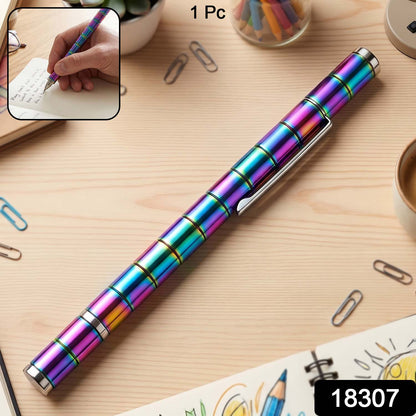A rainbow-colored magnetic fidget pen lies on a wooden desk with "1 Pc" and "18307" overlaid.