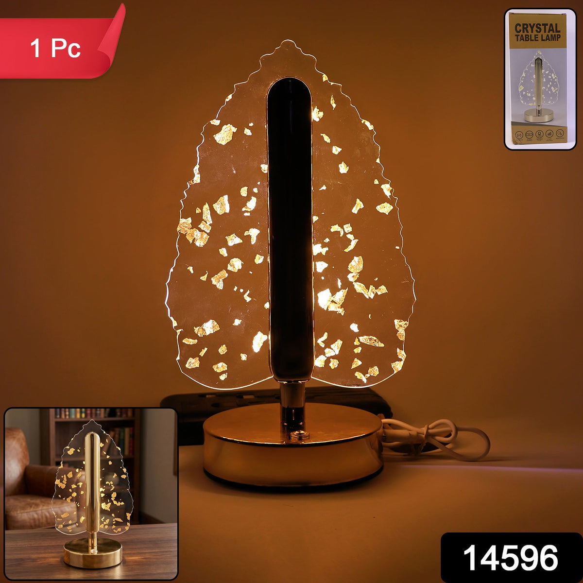 A golden crystal leaf LED table lamp with gold flakes and a small inset image of the lamp on a table.