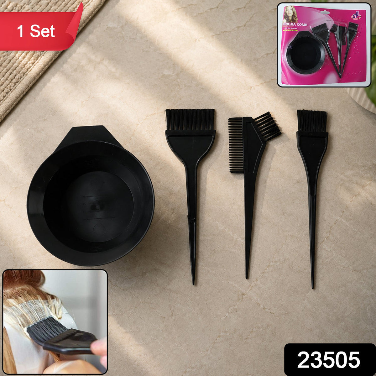 A black hair dye kit with a bowl and three brushes on a grey surface, with insets showing use and packaging.