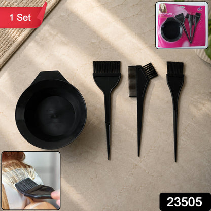 A black hair dye kit with a bowl and three brushes on a grey surface, with insets showing use and packaging.