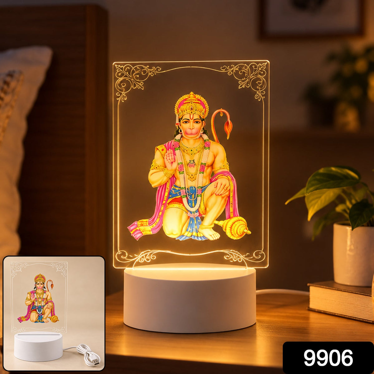 A bright Hanuman LED acrylic night lamp on a bedside table, with a small inset showing the lamp and USB cable.