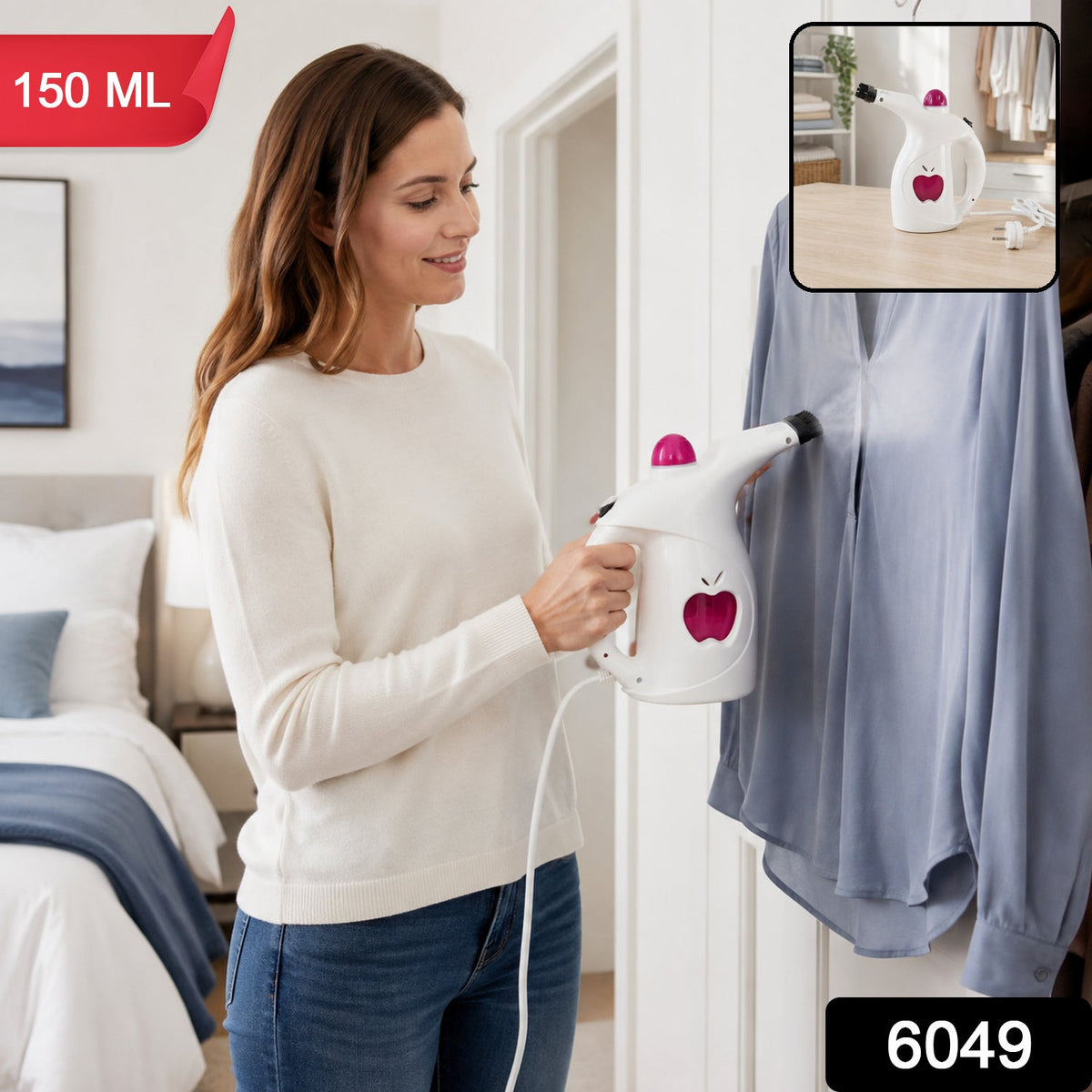 A woman steams a light blue shirt, with a 150ml label and a 6049 code on the image.