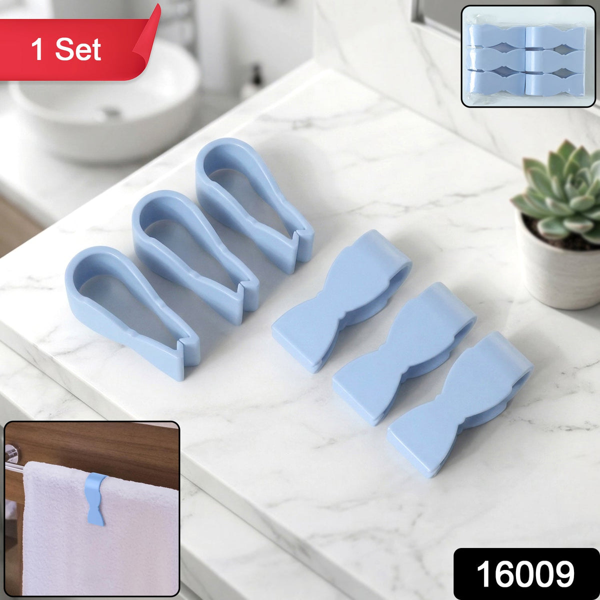 Six blue plastic towel clips on a white marble counter, with an inset showing one clip holding a white towel on a wooden